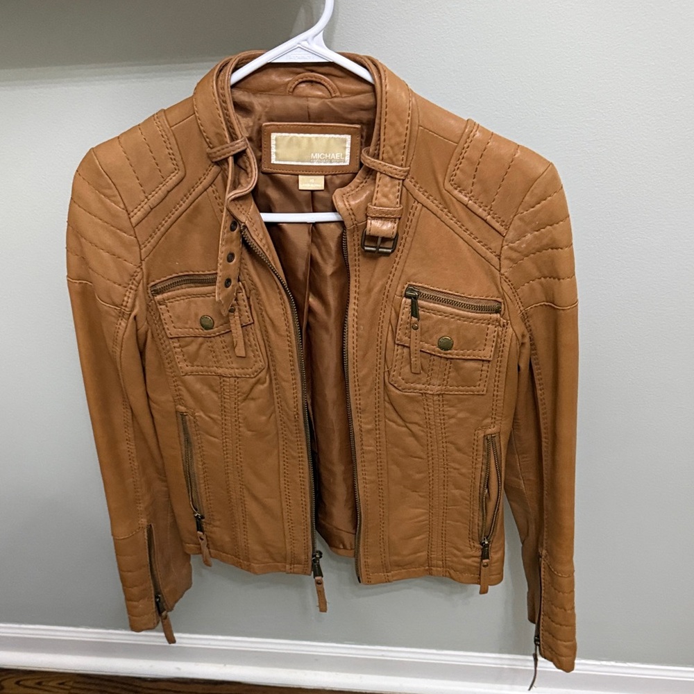 Michael Kors Tan Leather Quilted Moto Jacket